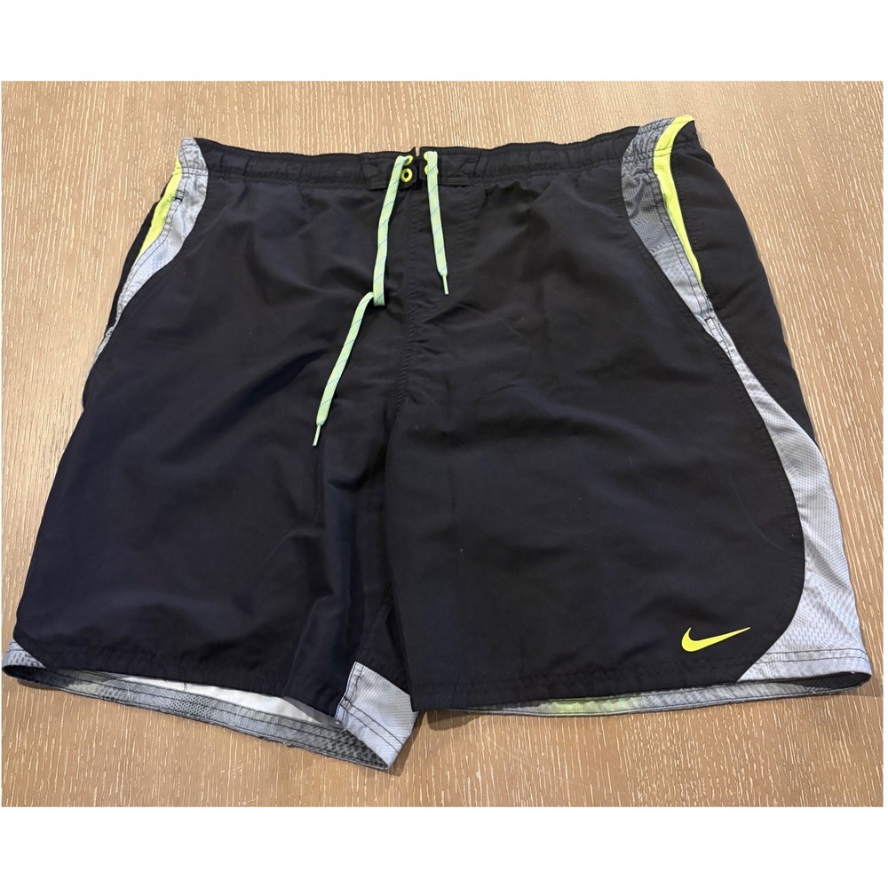 Nike Men's XXL Black Gray Neon‎ Yellow Lined Swim Trunks Board Shorts EUC